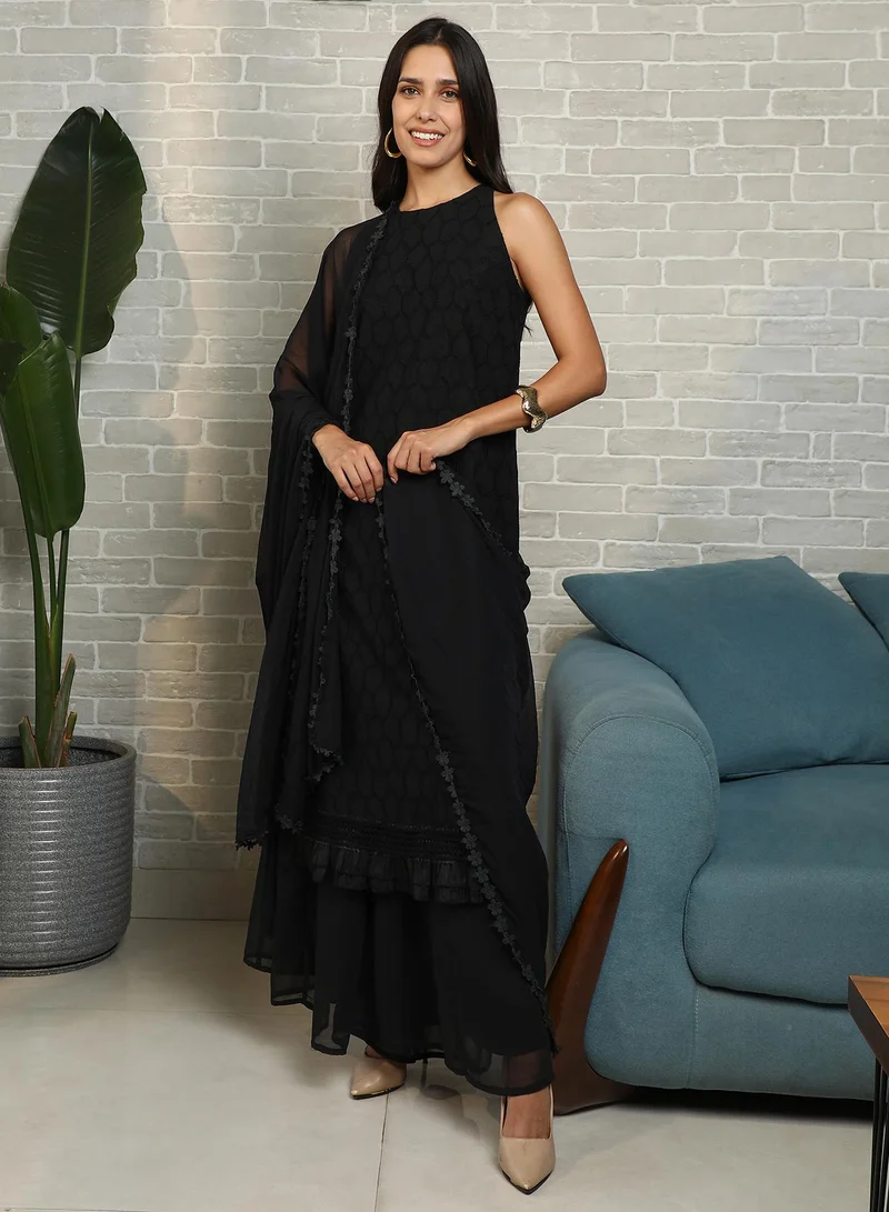 QISSA Women's Midnight Black Ditsy Floral Kurta Set For Casual Wear | Halter Neck | Sleeveless | 2 Piece Kurta Set Designed With Comfort Fit For Everyday Ethnic Wear